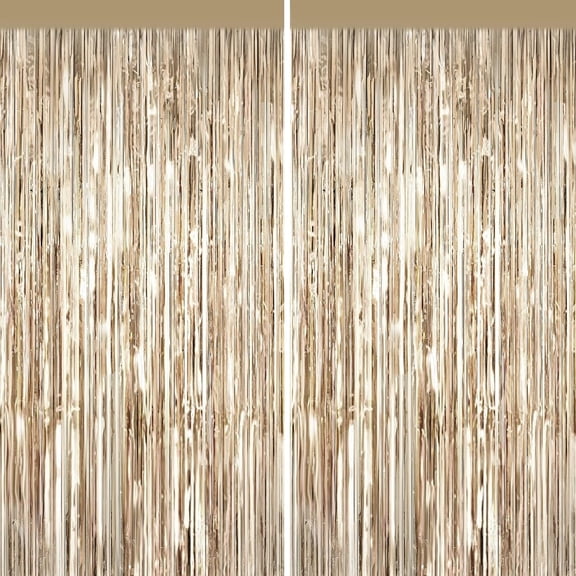 BZCOE Champagne Gold Tinsel Backdrop,2 Pack Foil Fringe Curtains for Party Decor|Elegant Metallic Shimmer for Glamorous Photo Backdrops,Ideal for Weddings,Engagements,Birthdays and Baby Showers