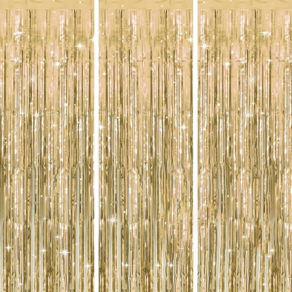 BZCOE Champagne Gold Tinsel Foil Fringe Curtain,3Pcs 3.2X6.5 Feet Light Gold Party Photo Backdrop for Bridal Showers Wedding Engagement Anniversary Birthday Graduation New YearS Decorations