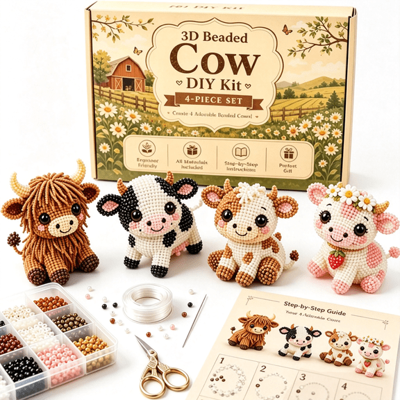 BZCOE Creative Beaded Mini World 3D Diy Kit Collection,Tiny 3D Beaded Animal Diy Kit,Petite Beaded Animal Craft Kit,Diy Creative Jewelry Art Craft,Gifts for Craft Lovers(Cow Friends)