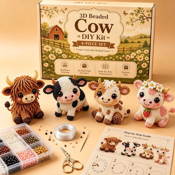 BZCOE Creative Beaded Mini World 3D Diy Kit Collection,Tiny 3D Beaded Animal Diy Kit,Petite Beaded Animal Craft Kit,Diy Creative Jewelry Art Craft,Gifts for Craft Lovers(Cow Friends)
