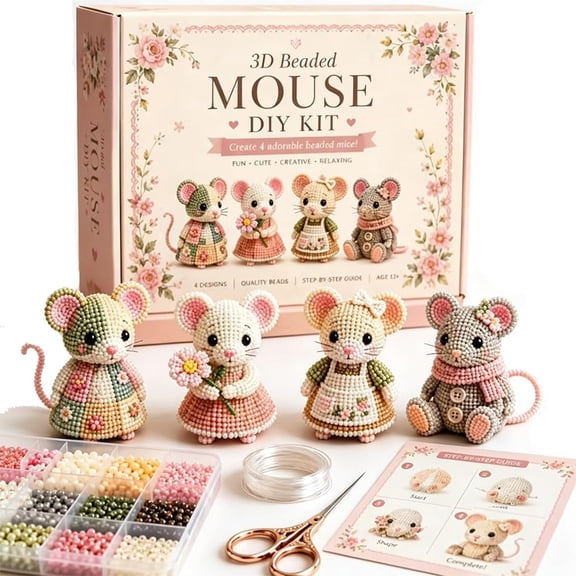 BZCOE Creative Beaded Mini World 3D Diy Kit Collection,Tiny 3D Beaded Animal Diy Kit,Petite Beaded Animal Craft Kit,Diy Creative Jewelry Art Craft,Gifts for Craft Lovers(Mouse Friends)