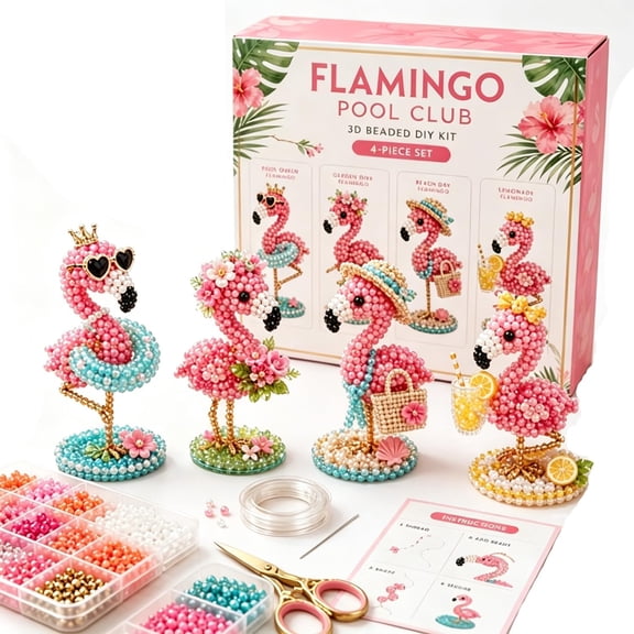 BZCOE Creative Beaded Mini World 3D Diy Kit Collection,Tiny 3D Beaded Animal Diy Kit,Petite Beaded Animal Craft Kit,Diy Creative Jewelry Art Craft,Gifts for Craft Lovers(Flamingo Pool Club)