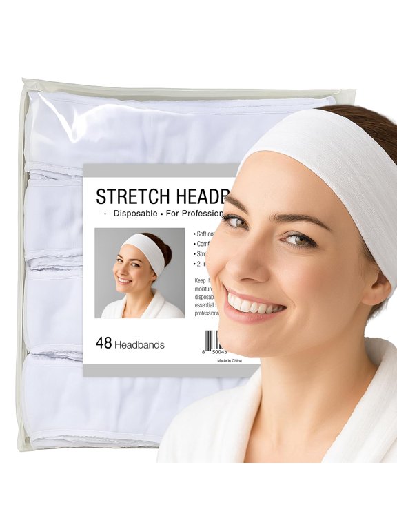 Disposable Stretch Cotton Facial Headband 48 Count | Cotton Poly Blend Stretch Fabric with No Closure Design. Designed for Estheticians, Waxing Suites, and Lash Salons. 48 Count