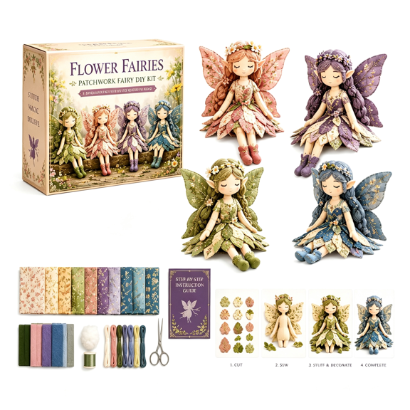 BZCOE Fairy Patchwork Diy Collection,Fun Flower Fairies Patchwork Sewing Kit,Handcrafted Pixie Apparel Textile,Artisanal Fabric Nymph Project,Creative Manual Sewing Craft(Flower Fairies)