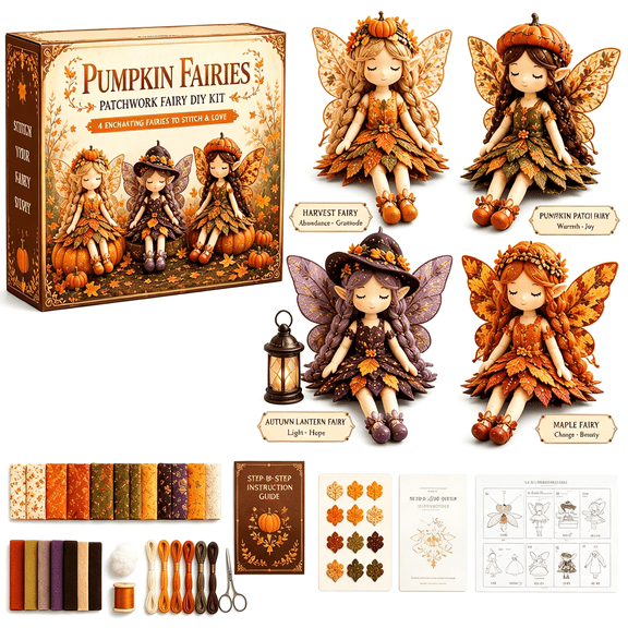 BZCOE Fairy Patchwork Diy Collection,Fun Flower Fairies Patchwork Sewing Kit,Handcrafted Pixie Apparel Textile,Artisanal Fabric Nymph Project,Creative Manual Sewing Craft(Pumpkin Fairies)