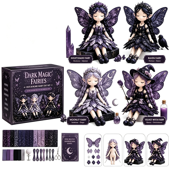 BZCOE Fairy Patchwork Diy Collection,Fun Flower Fairies Patchwork Sewing Kit,Handcrafted Pixie Apparel Textile,Artisanal Fabric Nymph Project,Creative Manual Sewing Craft(Dark Magic Fairies)
