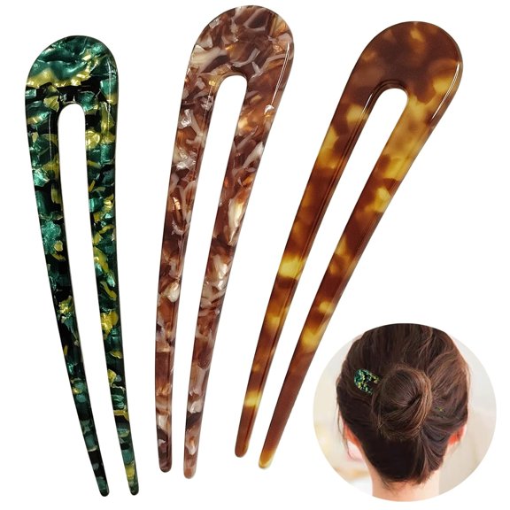 BZCOE French Hair Pins U Shape Updo Hair Forks 2 Prong Bun Twist Chignon Stick Clips for Women Hair Accessories,3 Pcs (U Shape Updo Hair Forks 2 Prong French Pin Green,Tortoise,Brown Floral)