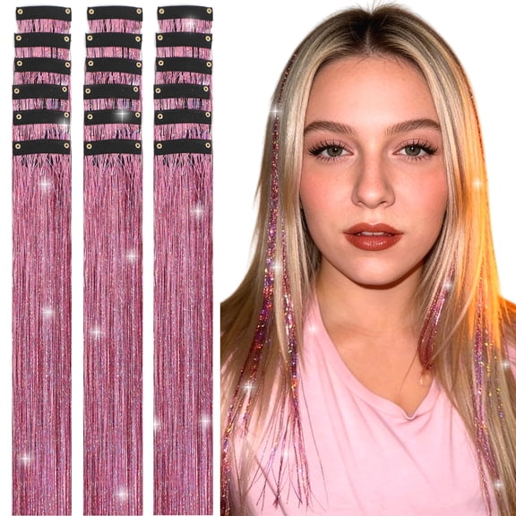 BZCOE Hair Tinsel Clip In,18 Pcs Glitter Tinsel Hair Extensions 20 Inch Clip in Hair Tinsel Heat Resistant Sparkly Fairy Hair Accessories for Girls Women Party Festival Daily Wear (Pink 18Pcs)
