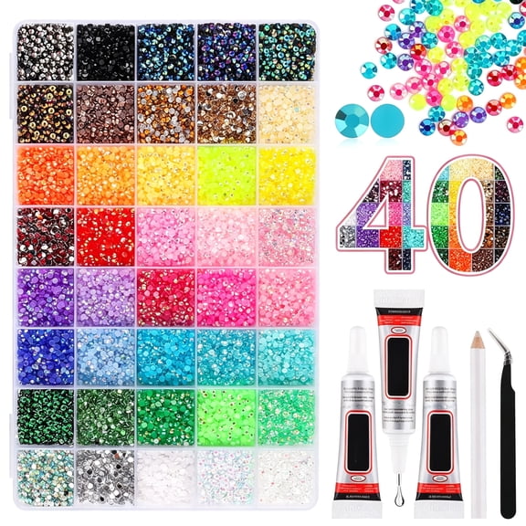 BZCOE Resin Jelly Rhinestones for Bedazzling and Diamond Art,40000Pcs 3Mm Bedazzler Kit with Rhinestones,40 Colors Flatback Gems with 3Pcs B7000 Glue&Tweezers&Pick Up Pen