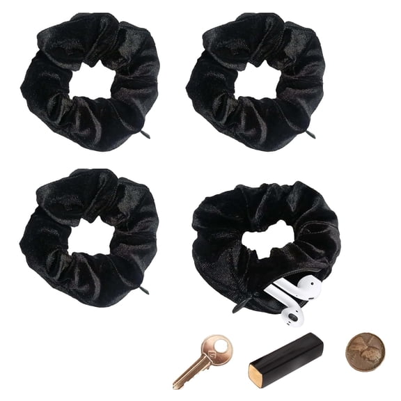 BZCOE Scrunchie with Zipper Pocket,Black,4Pcs,Rave Essentials,Velvet Stash Scrunchie for Cash,Lipstick,Keys & Valuables,Hidden Compartment Items for Travel