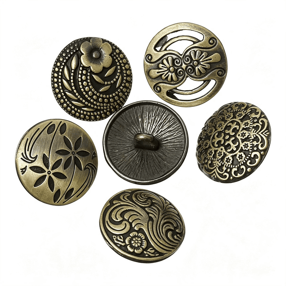 BZCOE Shank Button - 30 Pack, 6 of Each Assorted Design, Carved Bronze Tone Metal, Mixed Antique and Vintage Look Flowers and Wave Patterns, 17Mm Diameter, Decorative Blazer Clothes Luxury Buttons
