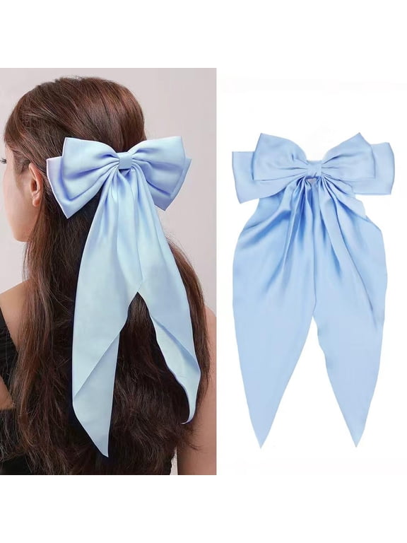 Silky Satin Oversized Long-Tail Bow Clip, Large Champagne Color Hair Bow for Women Girl, Hair Accessories with Long Tail, 1Pcs Blue Bow (#Sky Blue)