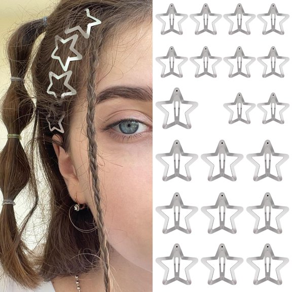 BZCOE Star Hair Clips 2000S Y2K Snap Hair Barrettes Non Slip Star Hair Accessories Silver Metal Hair Clips for Girls Women -20 Pcs Star Clips 1.18",1.57"