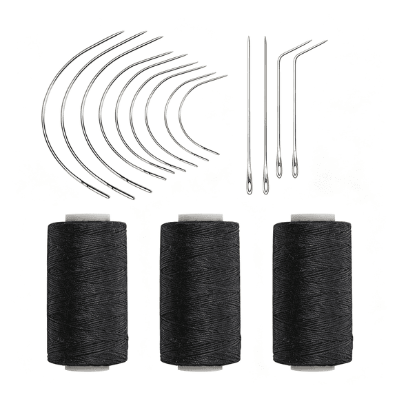 BZCOE Weaving Needle Combo Deal Black Thread with 10Pcs Needle for Making Wig Sewing Hair Weft Hair Weave Extension,Big Medium and Small C J Shape Curved Needle I Needle(3 Thread Black+10 Needle)