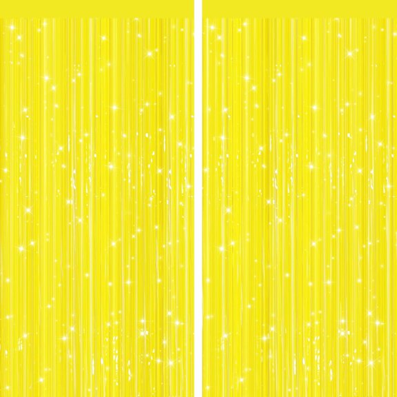 BZCOE Yellow Fringe Curtains 2 Pack,Tinsel Backdrop for Party Decorations Bright Metallic Foil Finish,Self Adhesive Peel&Stick,Photo Booth Backdrop,Easter Birthday Baby Shower Summer Party Decor