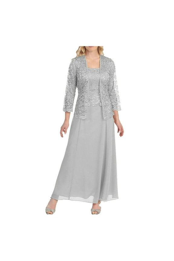 2 Piece Mother of The Bride Dresses for Wedding Tea Length Lace Chiffon Formal Dresses with Jackets