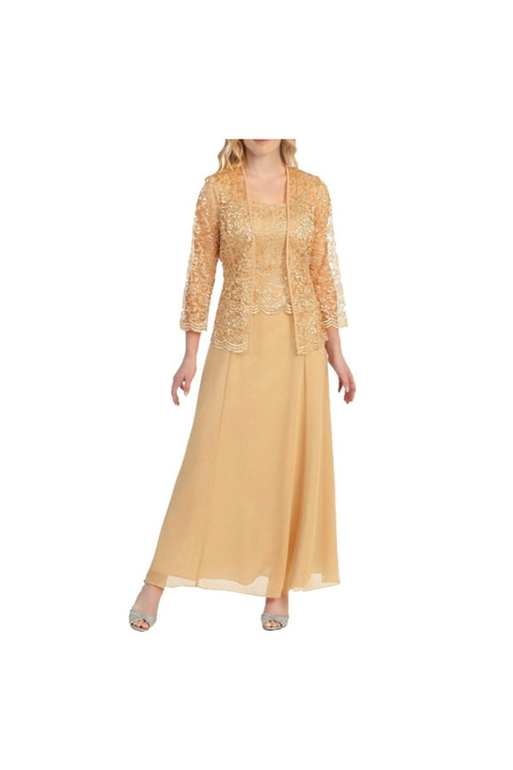 2 Piece Mother of The Bride Dresses for Wedding Tea Length Lace Chiffon Formal Dresses with Jackets