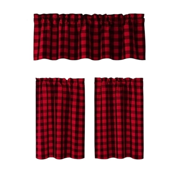 BZGTZT 3Pcs Kitchen Curtain Set, Gingham Check Window Valance and Tiers, Farmhouse Country Style Drapes for Kitchen, Living Room, Bedroom, 27.6x39.4 Inch