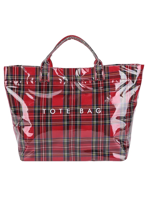 Classic Red Plaid Zipper Tote Bag, Glossy Waterproof PVC Handbag, Large Capacity Tote Shopper for Shopping Work Travel Christmas