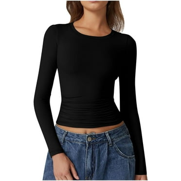 BZGTZT Crew Neck Long Sleeve Crop Tops for Woman Workout Basics Fitted Cute Tshirts for Teen Girl Y2k Fashion Casual 2025