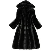 BZGTZT Faux Fox Fur Winter Coats for Women Long Shaggy Hooded Outerwear Long Sleeve Solid Furry Warm Overcoat Jackets