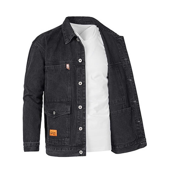 BZGTZT Jean Jacket for Men Casual Workwear Long Sleeve Lapel Collar Jacket Loose Denim Coat with Multi Pockets