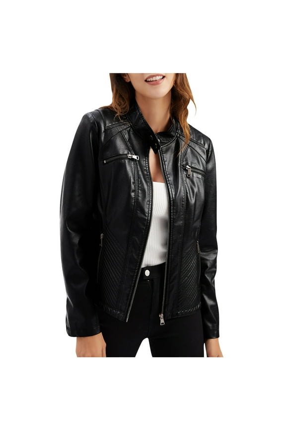 Leather Jacket For Women Real Leather Jacket Soft Lambskin Button Collar Slim Fit Biker Outerwear Coat