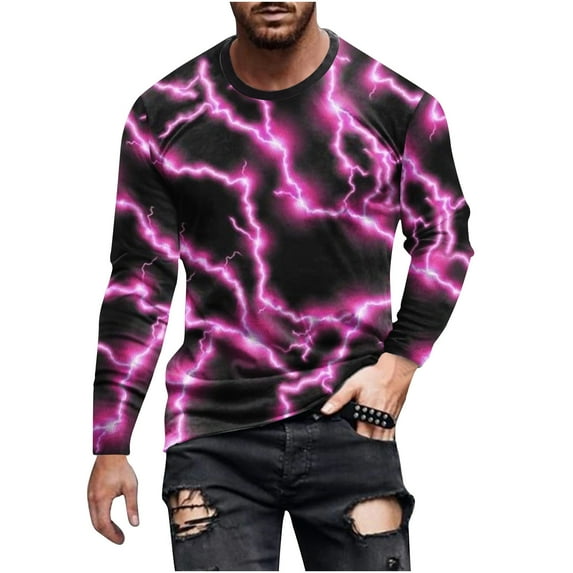 BZGTZT Men's Lightning Graphic Pullover Stylish 3D Printed Blouse Loose Long Sleeve Tops Casual Round Neck Shirts