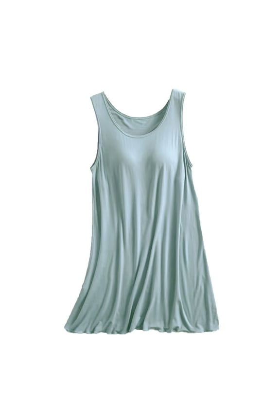 Tank Dress with Shelf Bra for Women Round Neck Sleeveless Tunic Tops Solid Loose Fit Blouse Basic Long Tank T-Shirt