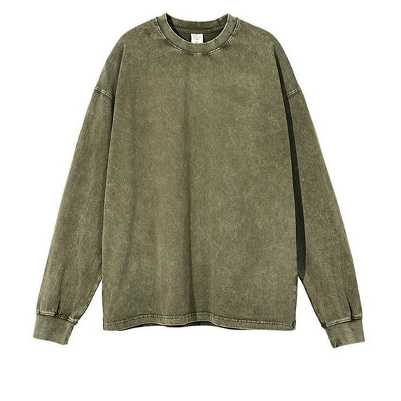 BZGTZT Vintage Oversized T Shirts for Men Cotton Baggy Crewneck Streetwear Sweatshirt Acid Wash Long Sleeve Tops