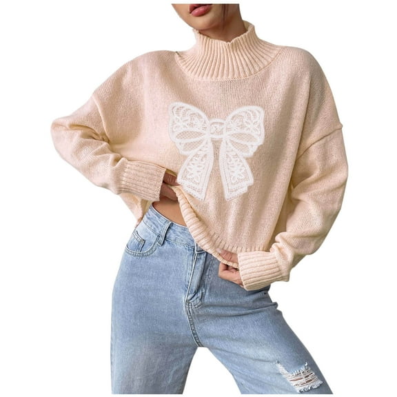 BZGTZT Women Cute Bow Sweater Long Sleeve Bow Front Knitted Pullover Oversized Jumper Ribbed Knitwear Going Out Top