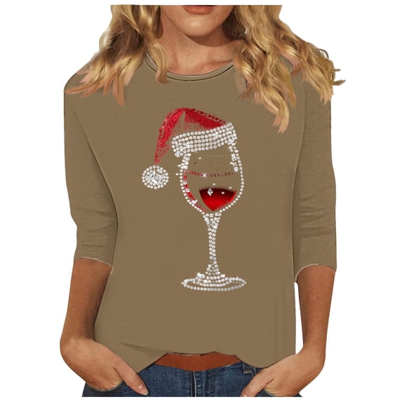 BZGTZT Women Dress Shirt Christmas 3/4 Length Sleeve Tops Red Wine Glass Christmas Shirts V Neck Xmas Santa Hat Pullover