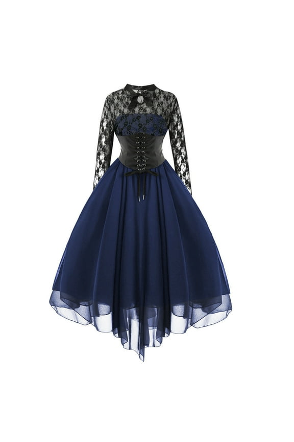 Women Gothic Steampunk Dress Vampire Halloween Costume Lace Long Sleeve Fairy Dresses Swing Cocktail Party Dress