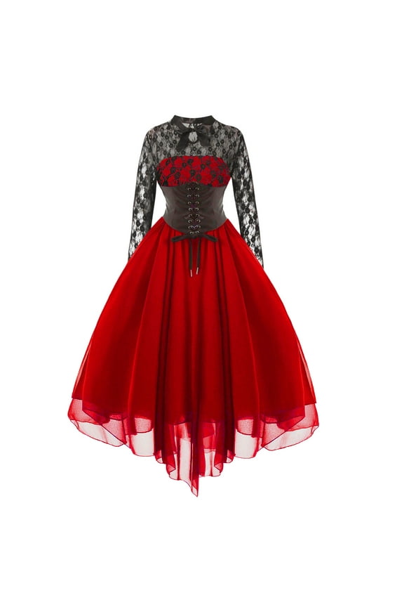 Women Gothic Steampunk Dress Vampire Halloween Costume Lace Long Sleeve Fairy Dresses Swing Cocktail Party Dress
