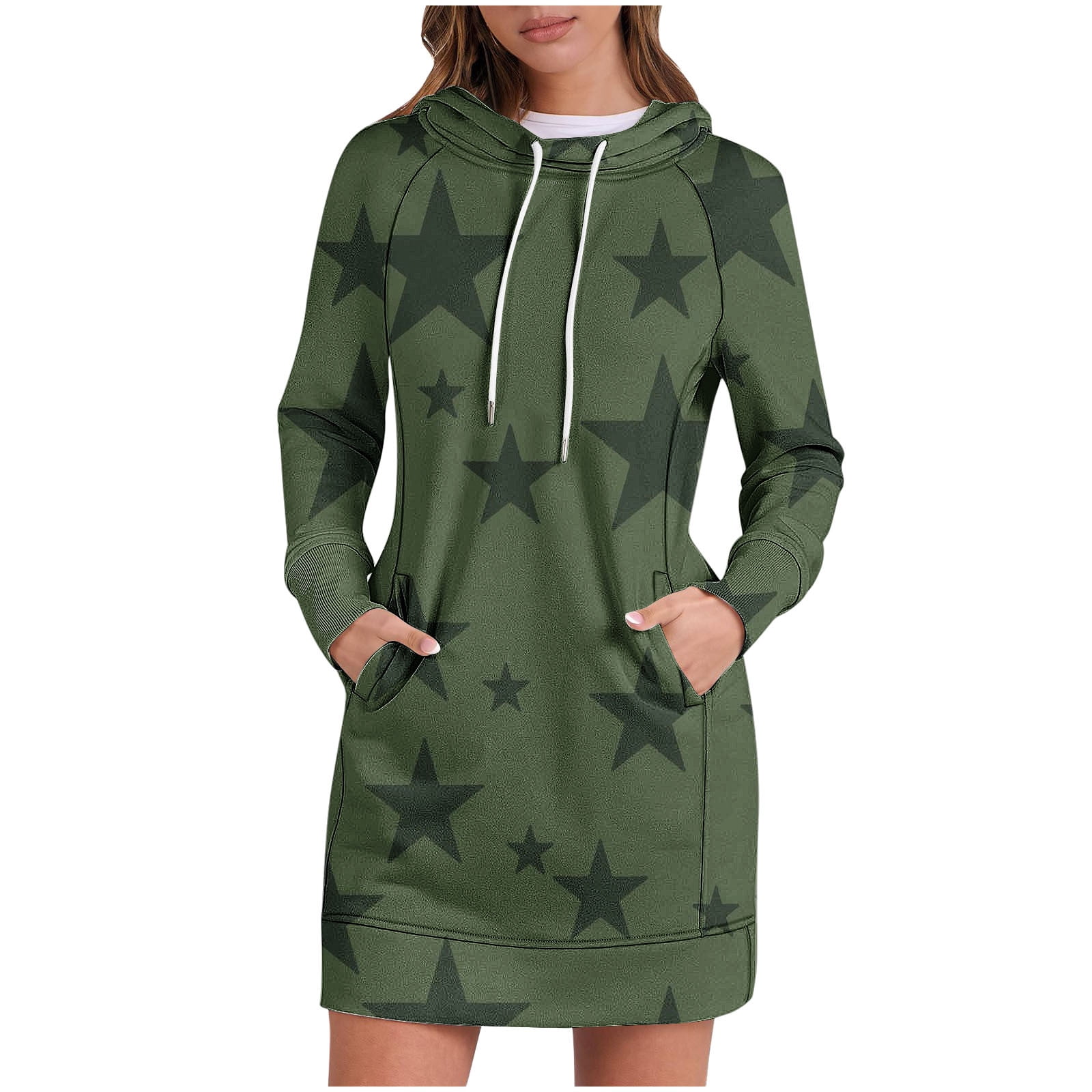 BZGTZT Women Oversized Hooded Dress Star Print Long Sleeve Crewneck ...