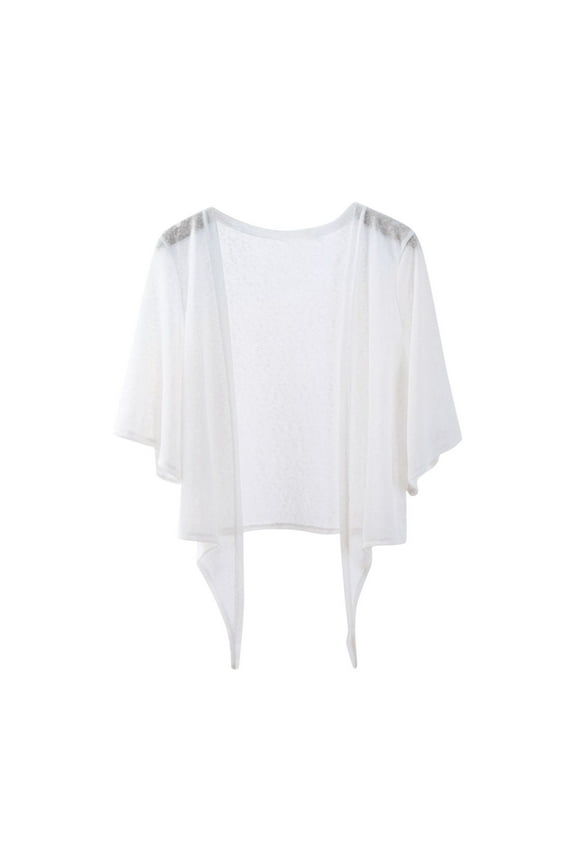 Women's 3/4 Sleeve Cropped Shrugs Lightweight Tie Front Sheer Chiffon Bolero Cardigan See Through Shawl Tops
