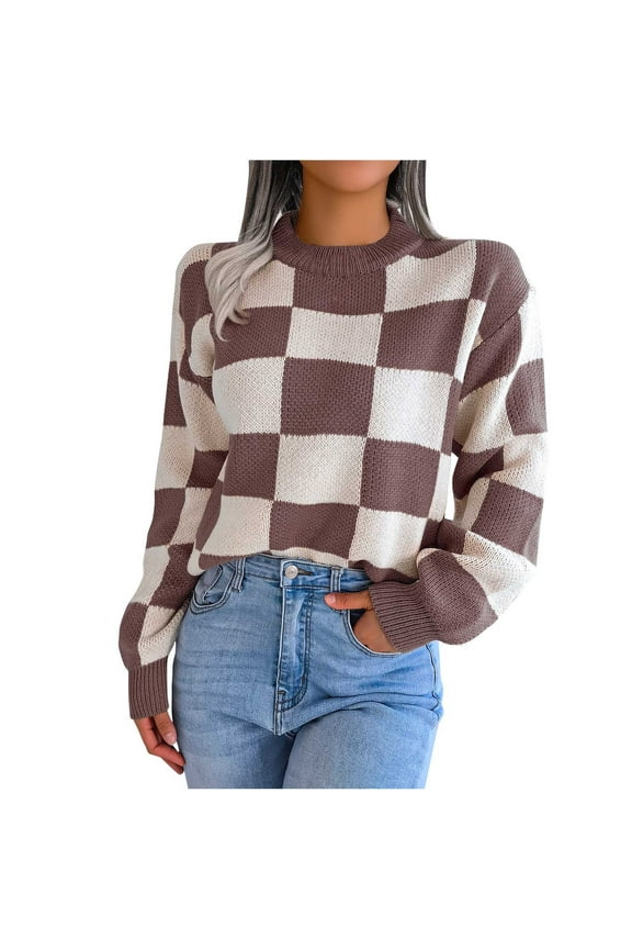 Women's Color Block Checkered Crew Neck Long Sleeve Y2K Plaid Knitted Pullover Sweater Vintage Style Knitwear
