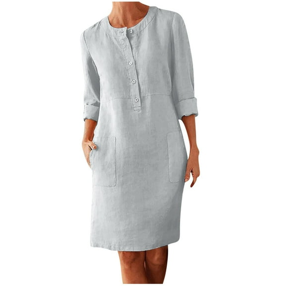 BZGTZT Women's Cotton Linen Casual Fitted Dress Knee Length Loose Button Down Shirt Dresses with Pockets