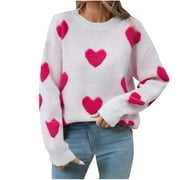 BZGTZT Women's Cute Heart Sweater Love Print Valentines Day Knitted Top Casual Crewneck Long Sleeve Sweaters Pullover