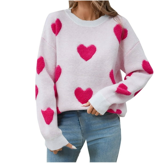 BZGTZT Women's Cute Heart Sweater Love Print Valentines Day Knitted Top Casual Crewneck Long Sleeve Sweaters Pullover