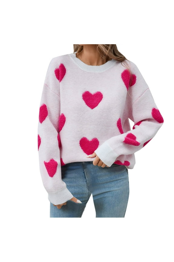 Women's Cute Heart Sweater Love Print Valentines Day Knitted Top Casual Crewneck Long Sleeve Sweaters Pullover