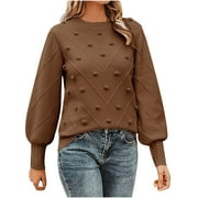 BZGTZT Women's Fall Crew Neck Pullover Sweater Cute Long Puff Sleeve Chunky Knit Sweater Pom Pom Jumper Top