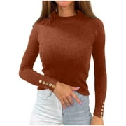 BZGTZT Women's Fall Mock Neck Sweaters Gold Buttons Long Sleeve Solid Ribbed Knit Shirts Basic Slim Fit Pullover Tops