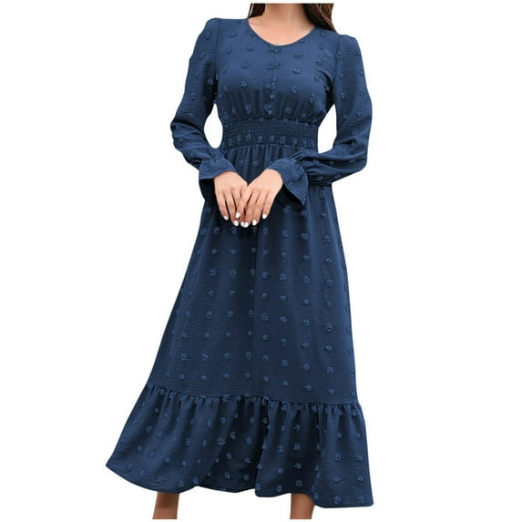 BZGTZT Women's High Waist Tunic Dress Swiss Dot Elastic Waist Pleated Flowy Midi Dresses Solid Color Long Sleeve Dress