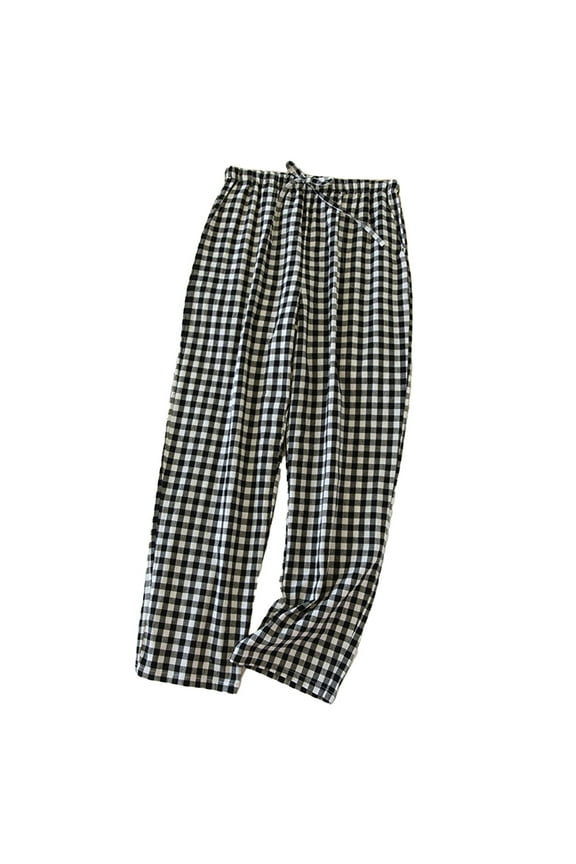 Women's Mid-Rise Plaid Wide Leg Lounge Long Pant Classic Gingham Print Stretchy Elastic Waist Trouser with Pocket
