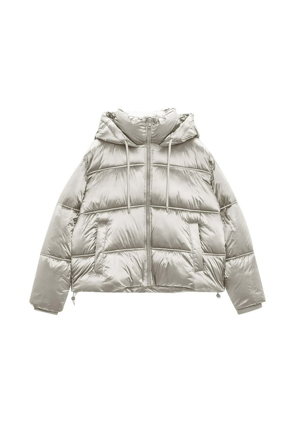 Women's Quilted Metallic Shiny Puffer Jacket Winter Warm Full Zipper Stand Collar Padded Short Coat with Drawstring