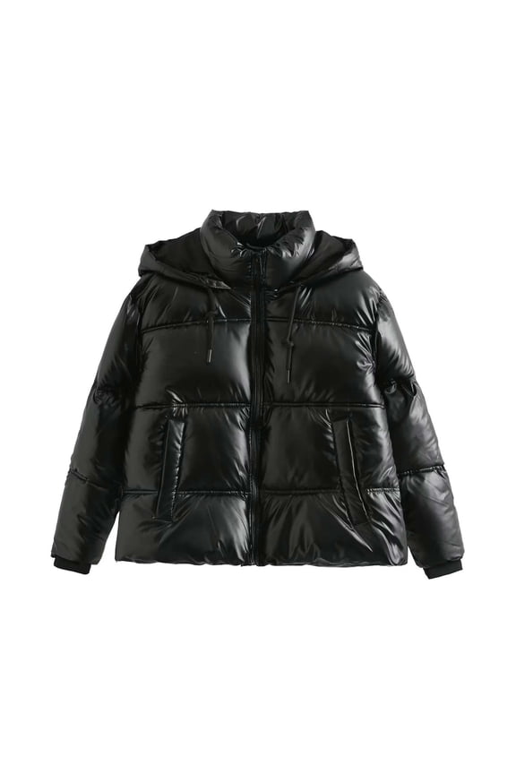 Women's Quilted Metallic Shiny Puffer Jacket Winter Warm Full Zipper Stand Collar Padded Short Coat with Drawstring