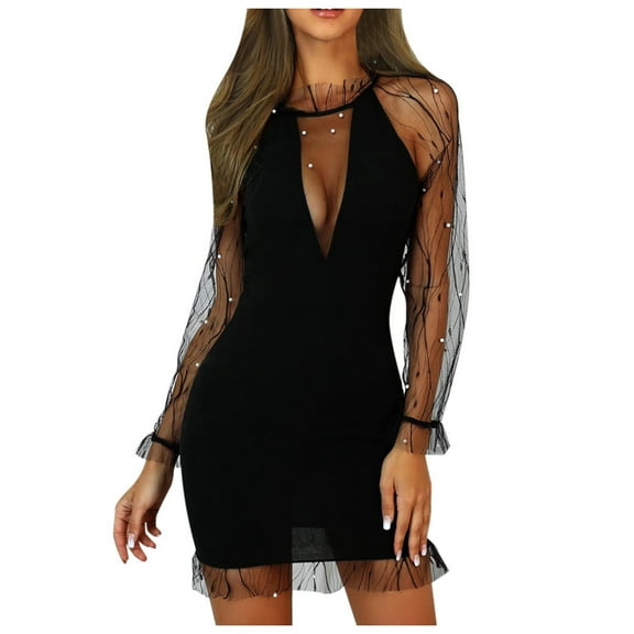 BZGTZT Women's Sexy Sheer Tulle Mini Dresses Long Sleeve V Neck Lace Bodycon Dress Going Out Cocktail Dresses