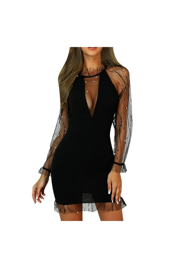 Women's Sexy Sheer Tulle Mini Dresses Long Sleeve V Neck Lace Bodycon Dress Going Out Cocktail Dresses