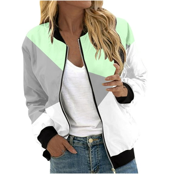BZGTZT Women's Stand Collar Zip Up Color Block Jacket Trendy Vacation Coat Lightweight Short Outerwear With Pockets